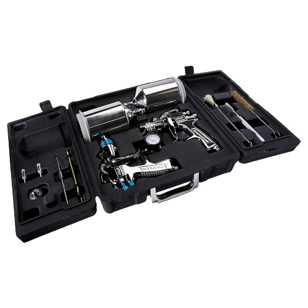 DeVilbiss two-gun kit in case showing organized storage and portability
