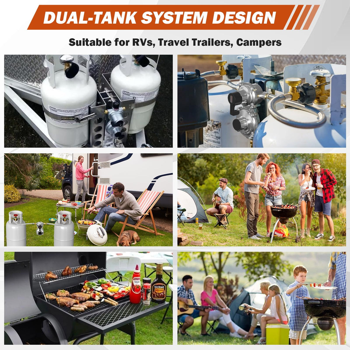 Devvicoo regulator in campsite scene powering RV appliances for comfortable travel