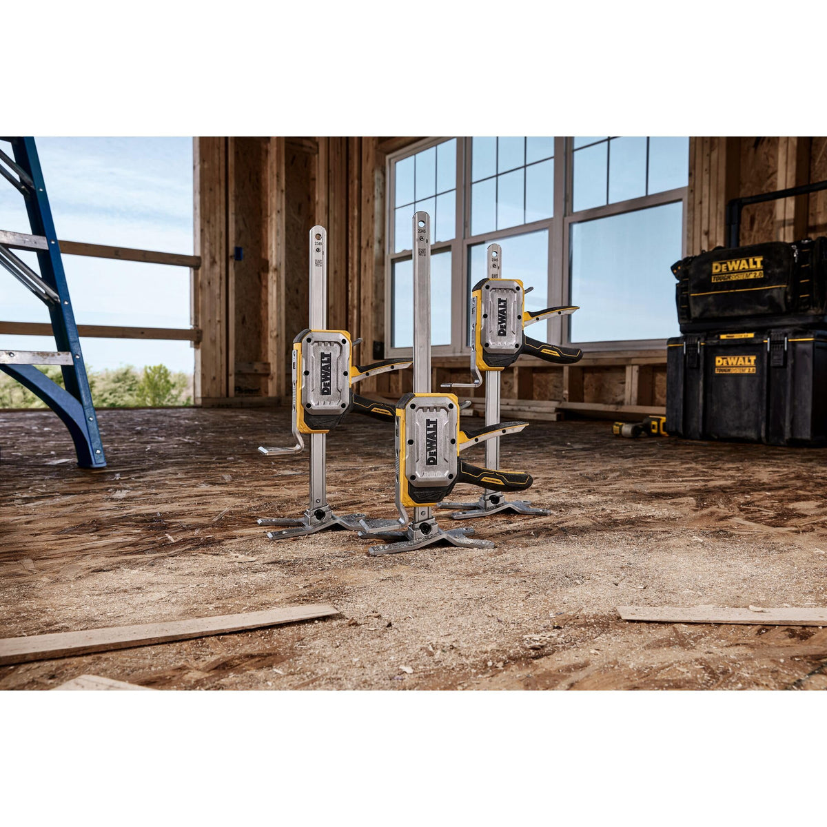 DEWALT construction jack in use supporting cabinetry for faster installation