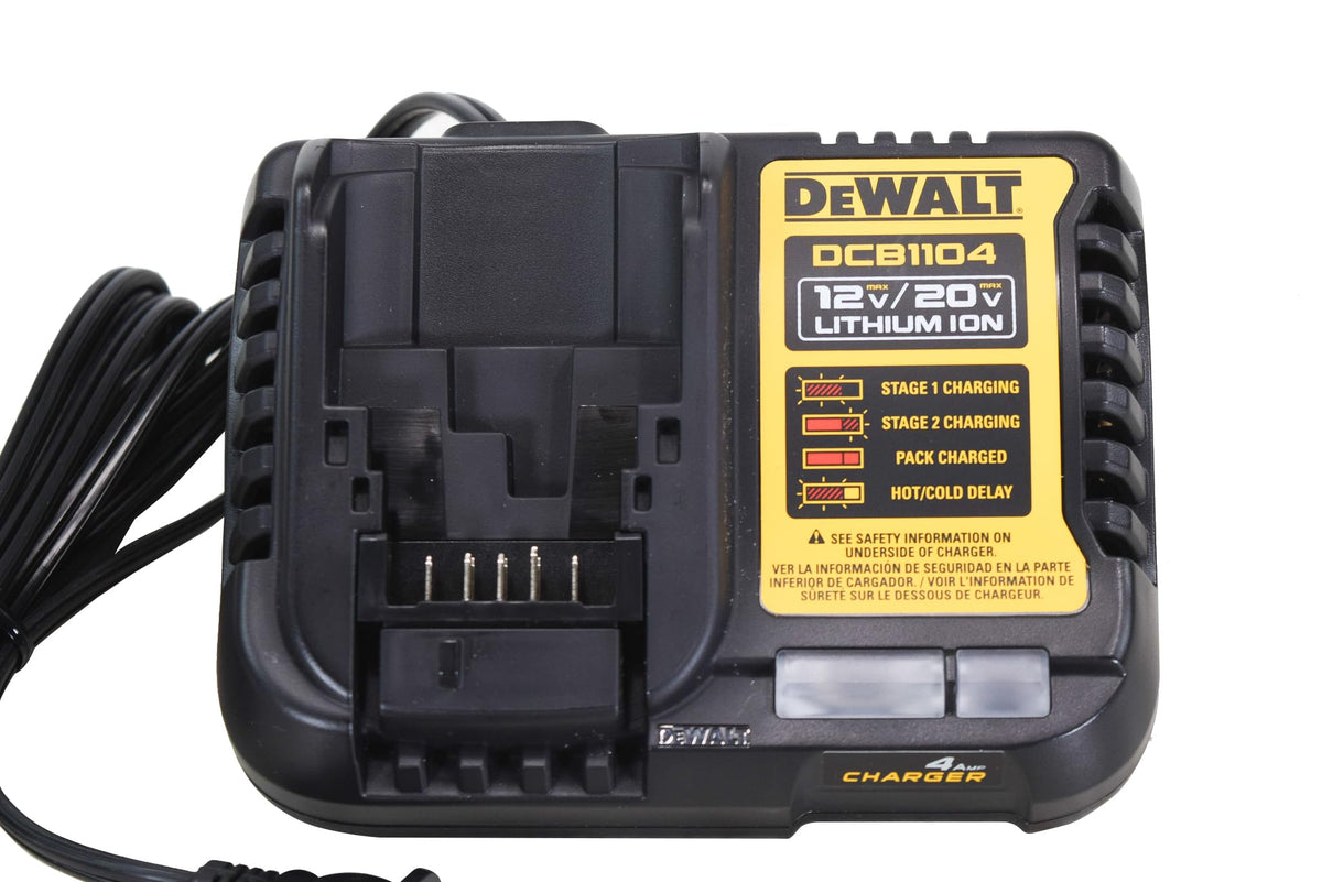 DEWALT charger LED indicator closeup displaying charge and fault status