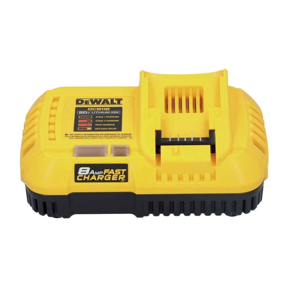 DEWALT DCB118R front view showing ports and compact design for fast charging