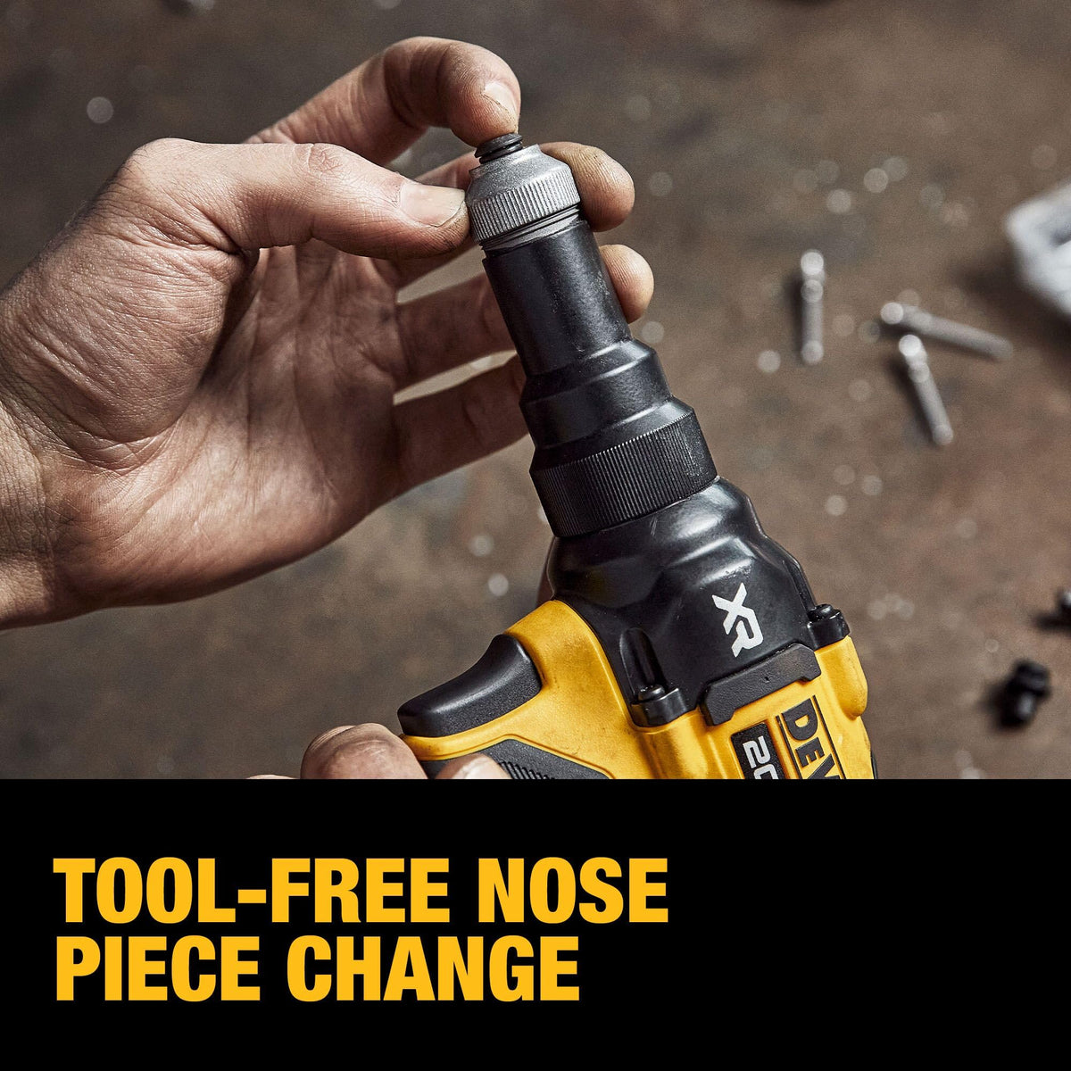 DEWALT on-board nose piece storage holding multiple sizes for quick swaps