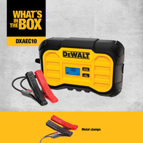 DEWALT DXAEC10 heavy-duty clamps and cables illustrate fast, secure battery connections