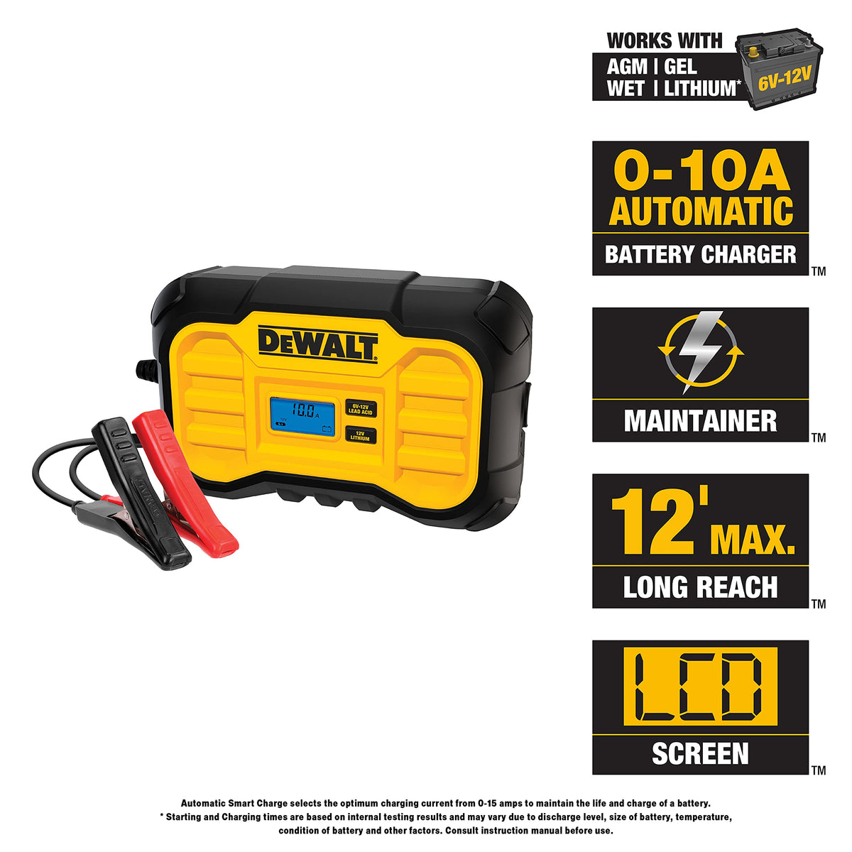 DEWALT DXAEC10 bright LCD close-up displaying charge status for quick monitoring