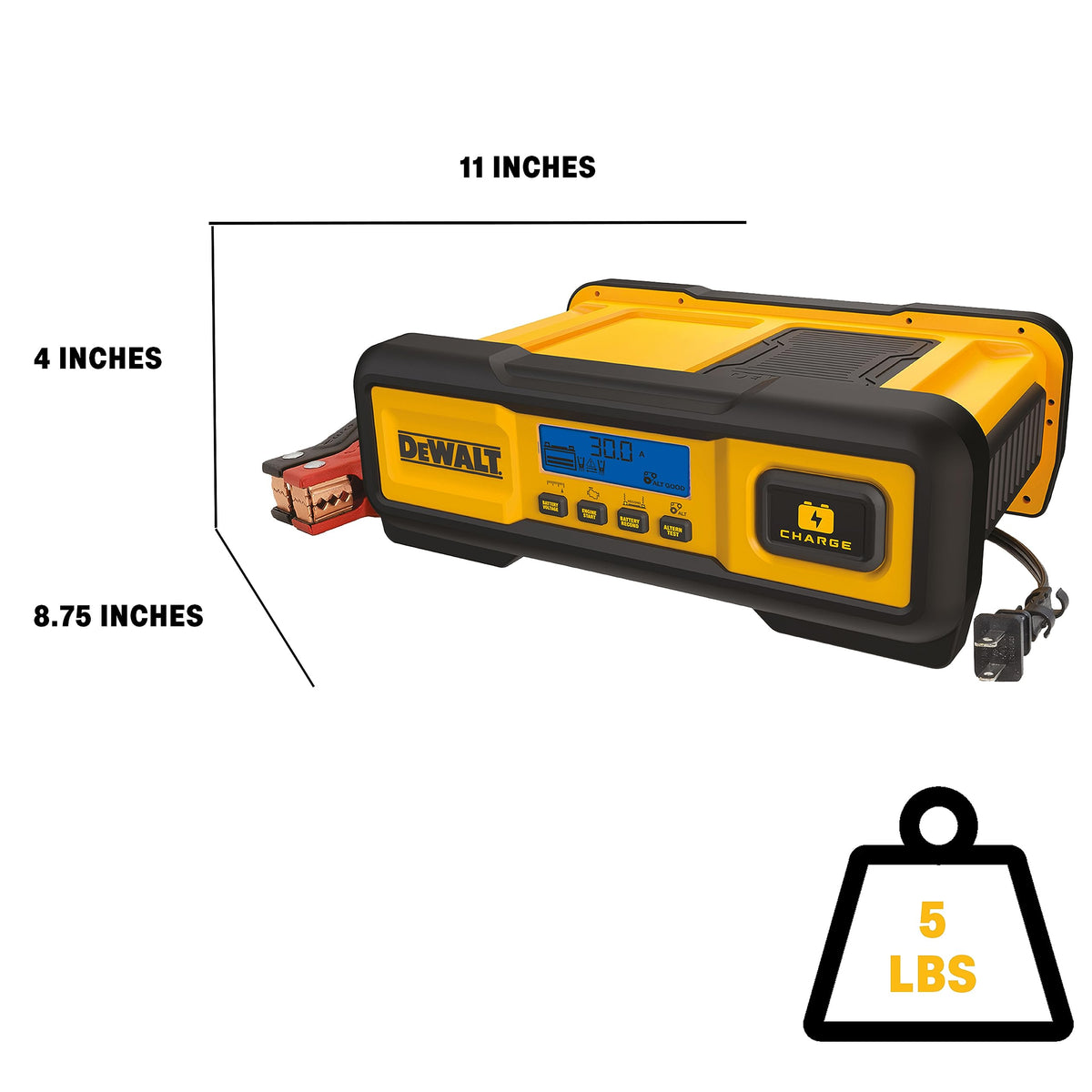 DeWalt DXAEC100 connected to a car battery showing size and scale for workshop fit