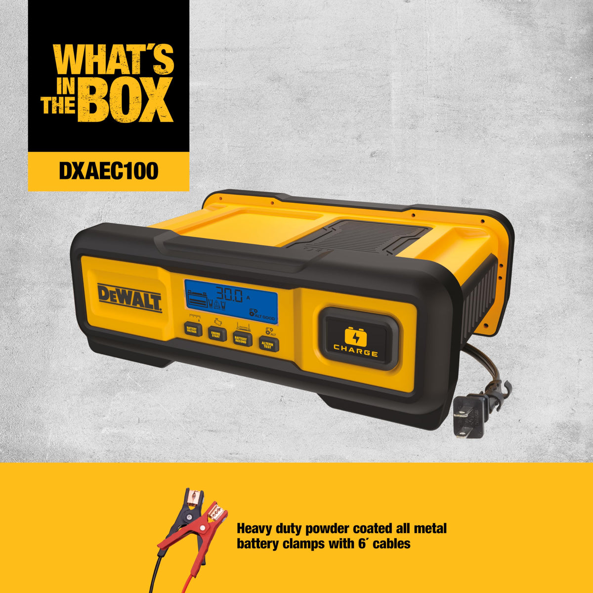 DeWalt DXAEC100 LCD display showing charge status for clear monitoring and control