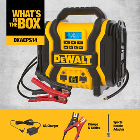 DEWALT jump starter in use with clamps on car battery illustrating fast engine restart