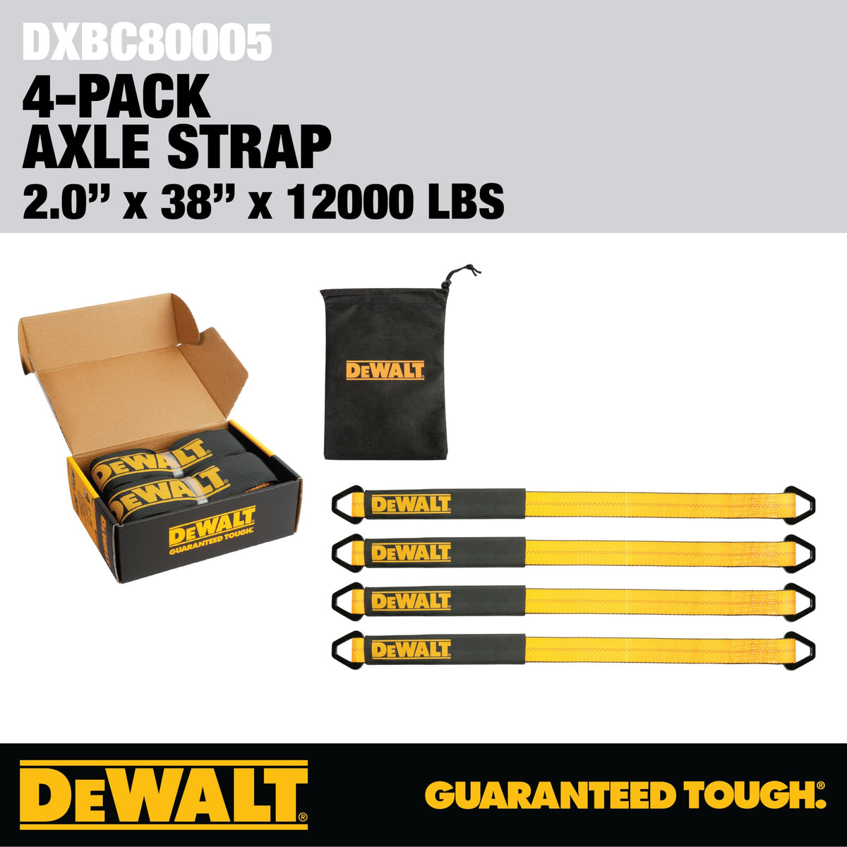DEWALT four straps and storage bag organized for quick transport and storage