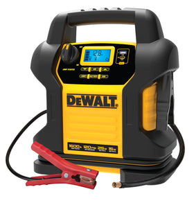 DEWALT front view of jump starter showing controls and portability benefit