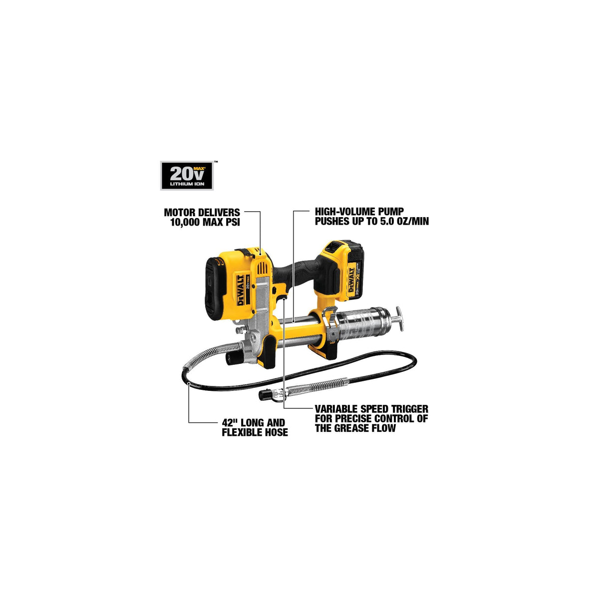 DEWALT grease gun 42-inch hose detail showing flexible reach for hard-to-access fittings