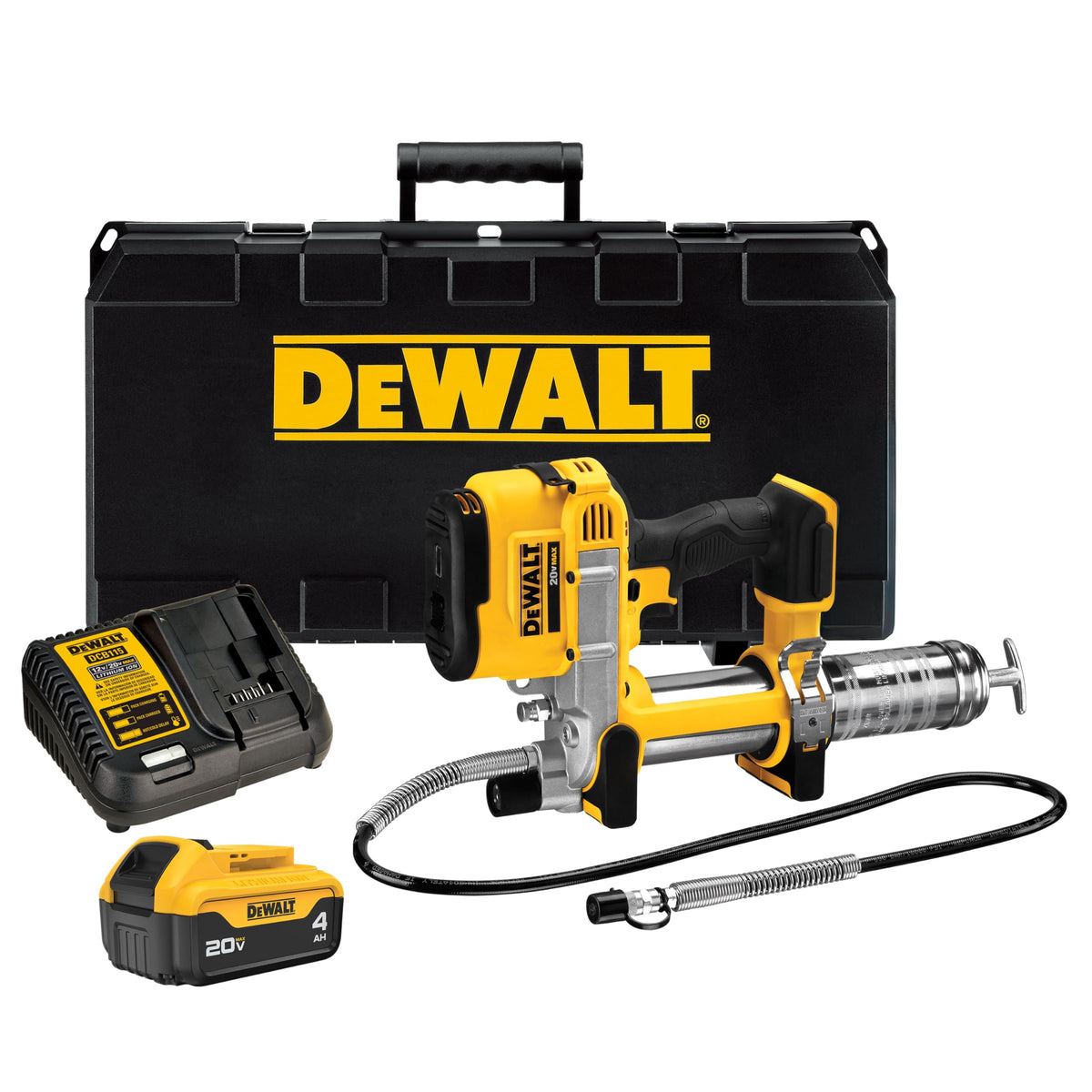 DEWALT grease gun front view showing kit and tool portability benefit
