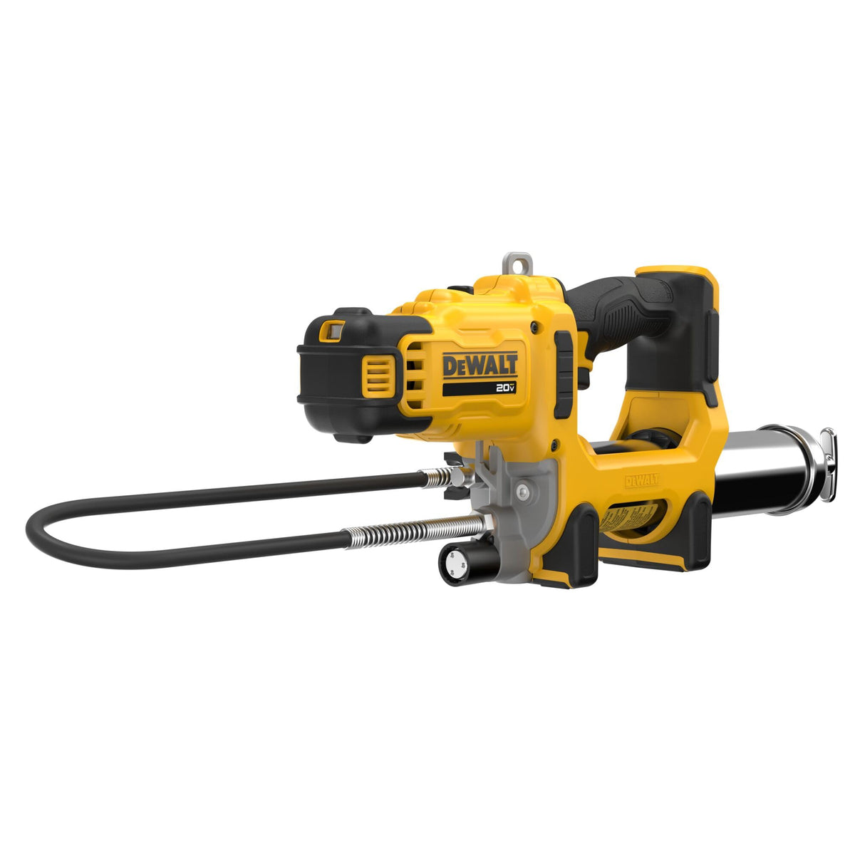DEWALT grease gun front view showing durable housing and balanced grip
