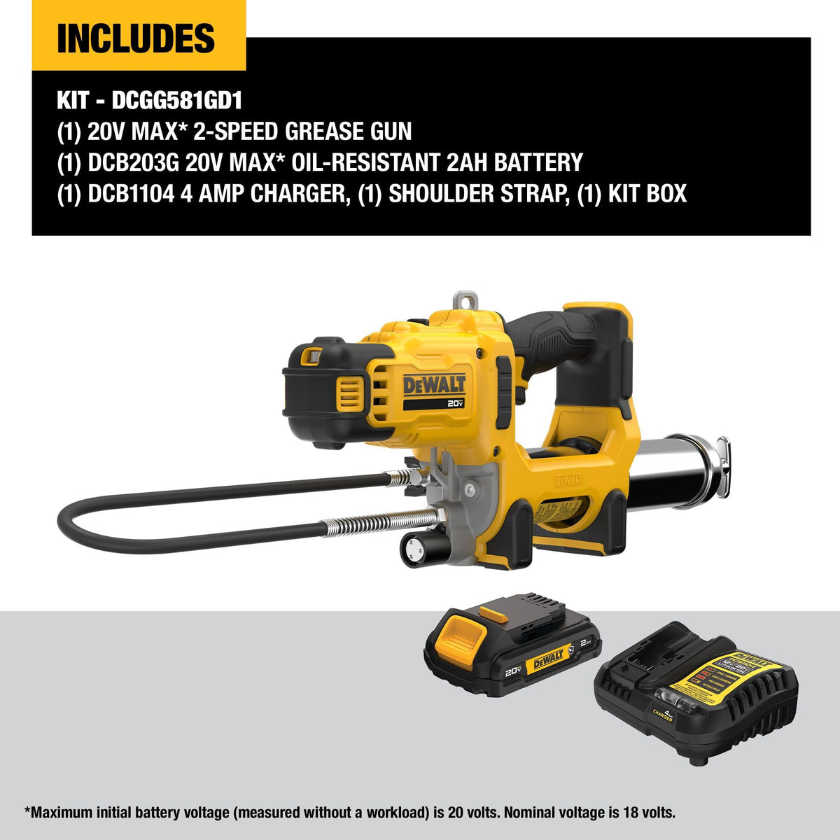 DEWALT grease gun reinforced 47-inch hose detail for kink resistance