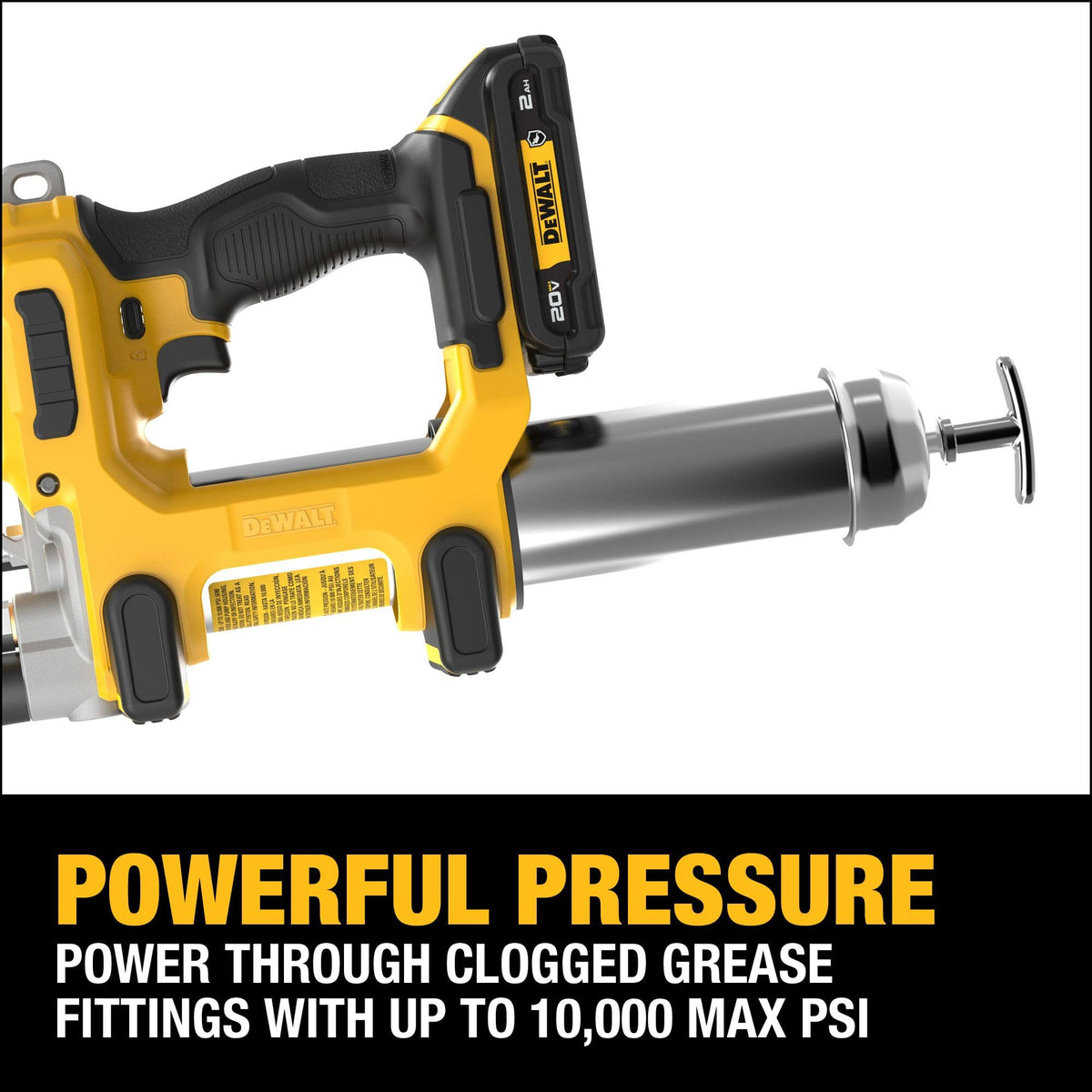 DEWALT grease gun held in hand demonstrating ergonomic operation