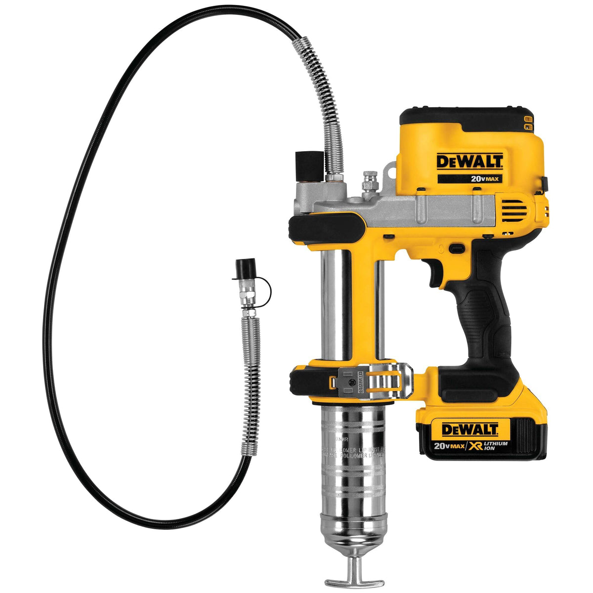 DEWALT grease gun used on vehicle suspension showing efficient service benefit