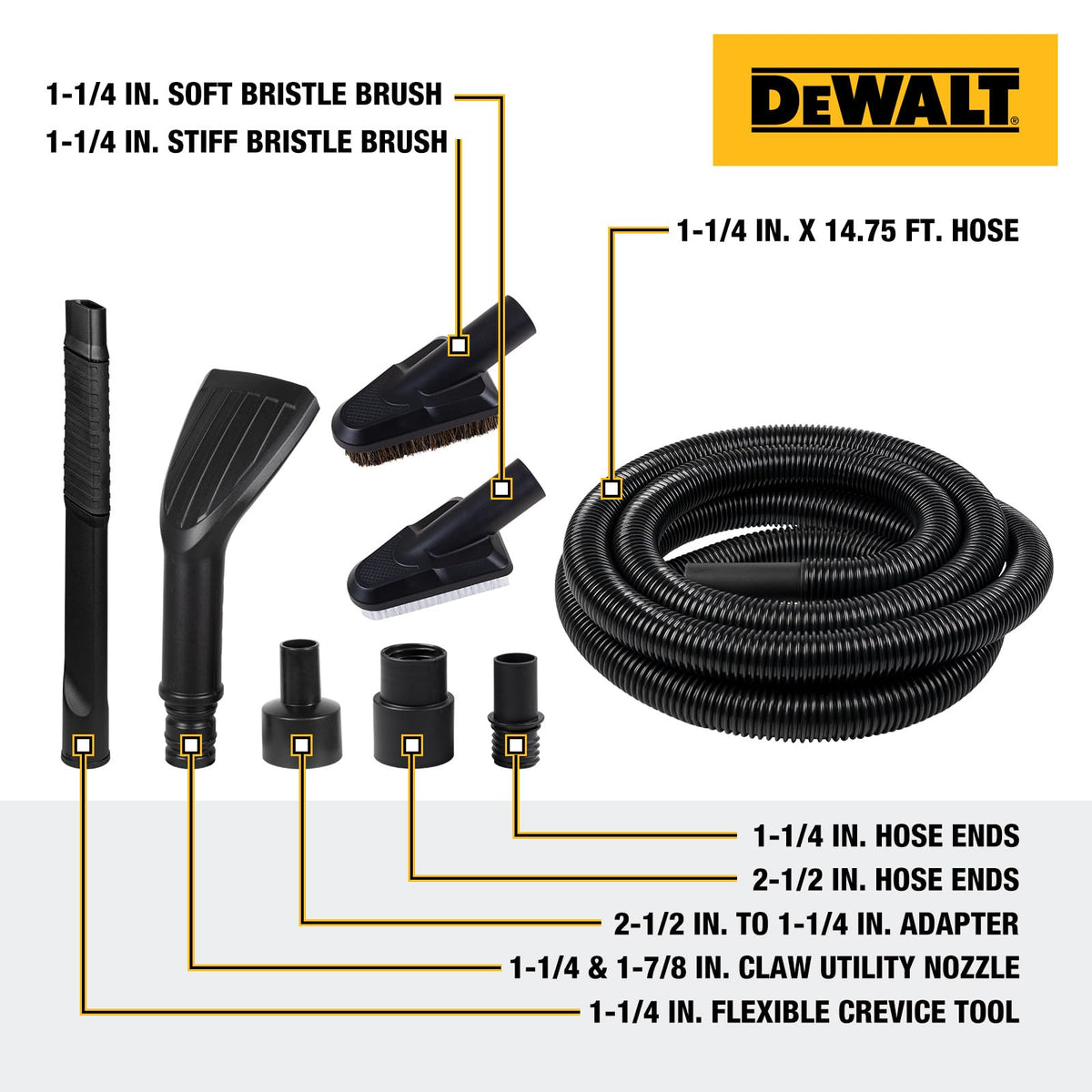 DEWALT long flexible hose stretched across trunk for extended reach