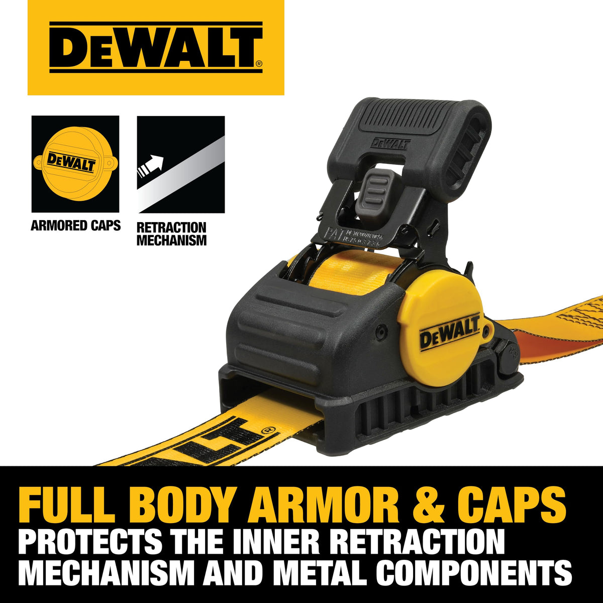 DEWALT straps securing cargo in truck bed demonstrating faster, safer transport