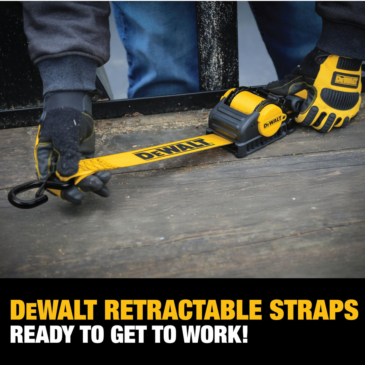 DEWALT strap beside ruler for scale showing 2"×10' size clarity and fit
