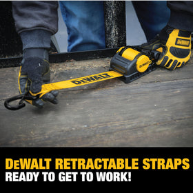 DEWALT strap beside ruler for scale showing 2"×10' size clarity and fit