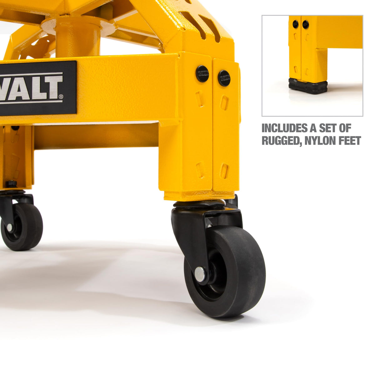DEWALT padded seat close-up showing textured vinyl and foam for tear resistance and comfort