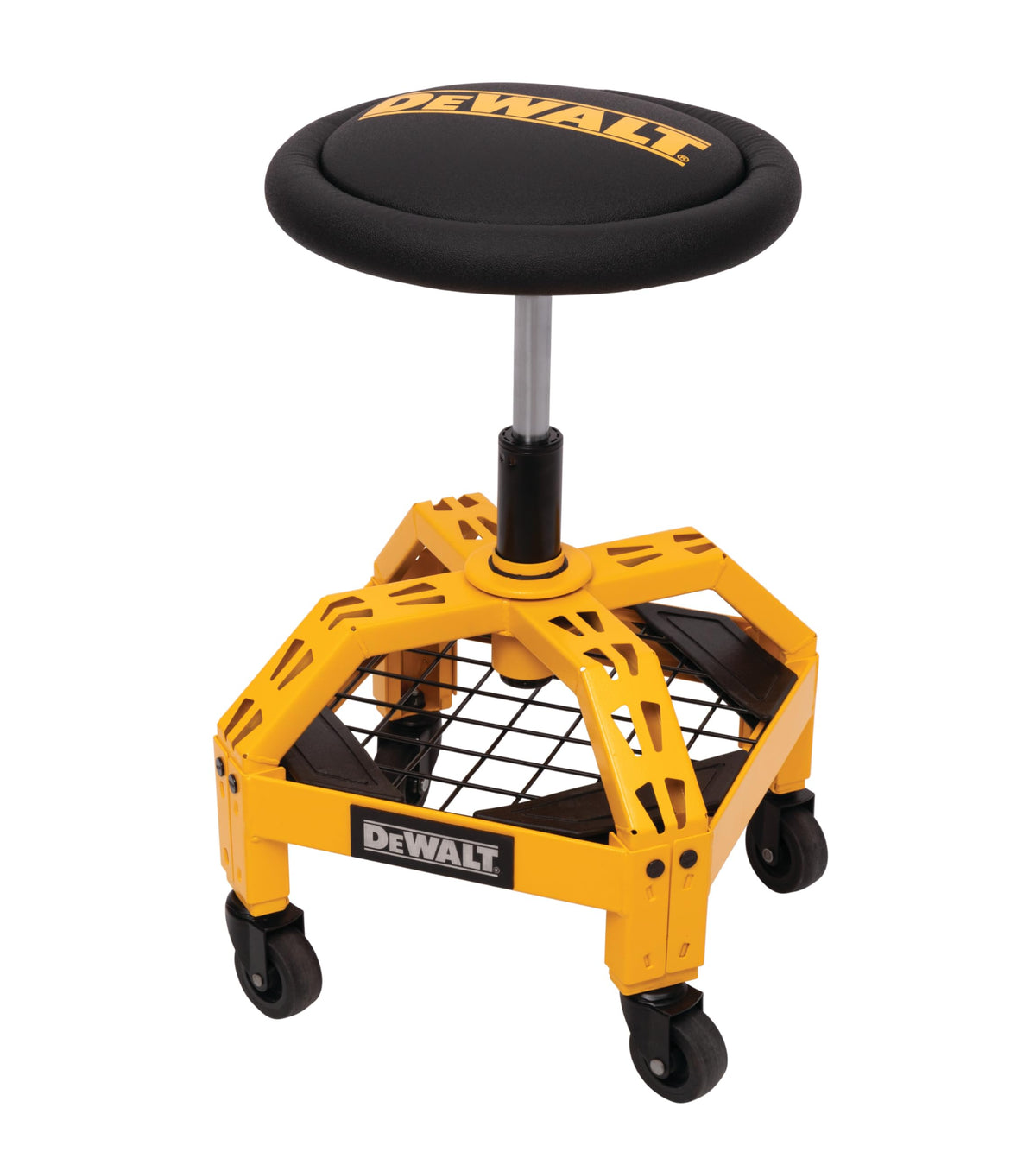 DEWALT rolling stool front view showing sturdy steel frame and padded seat benefit: durable seating