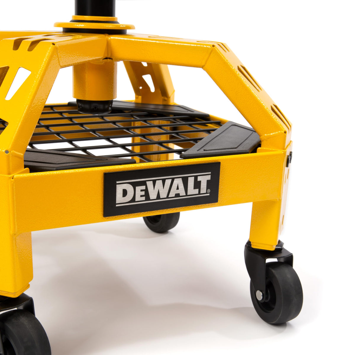 DEWALT stool lower wire-grid shelf holding tools for quick access and organized workflow