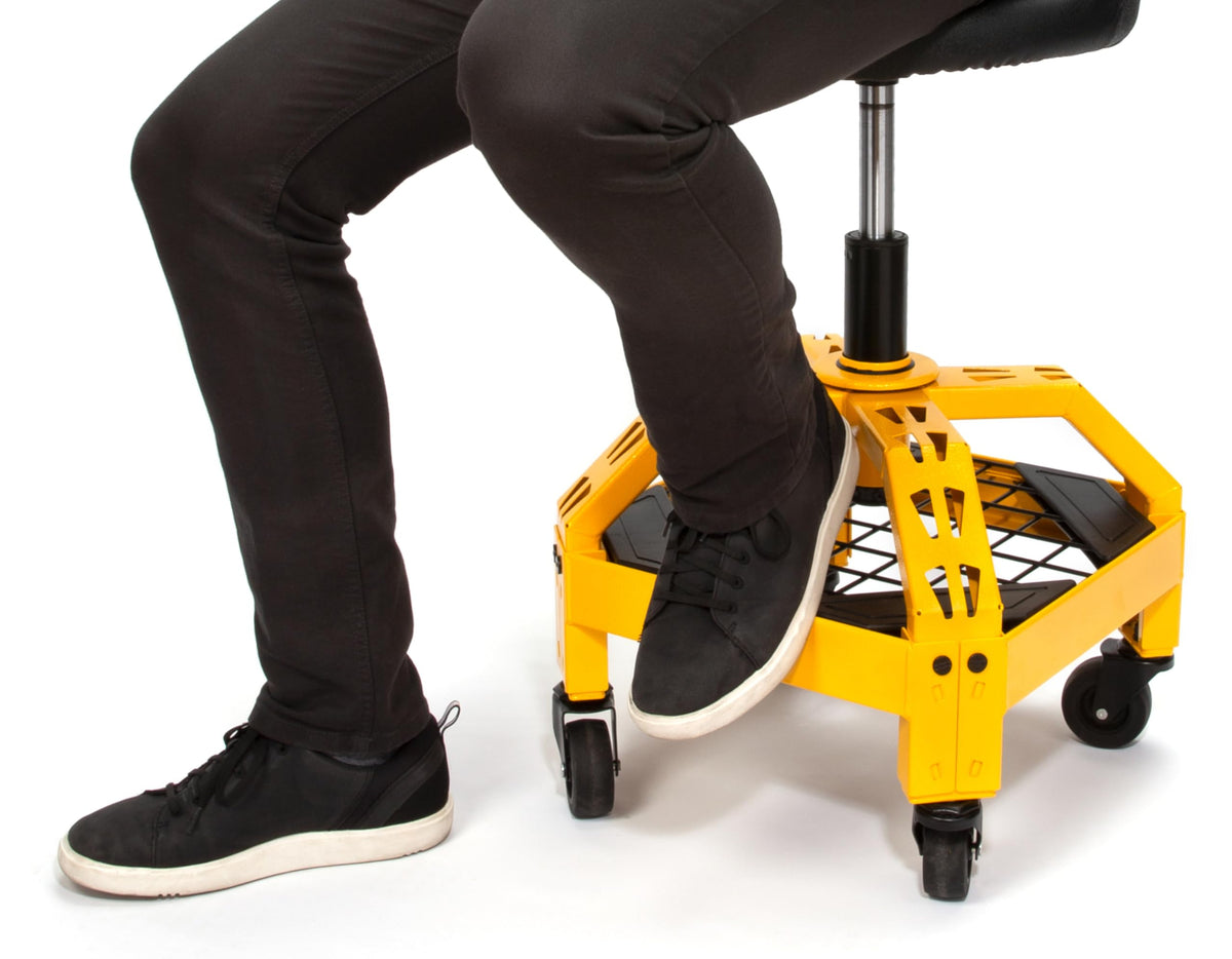 DEWALT stool next to a person to show scale and 300-pound capacity benefit