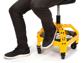DEWALT stool next to a person to show scale and 300-pound capacity benefit