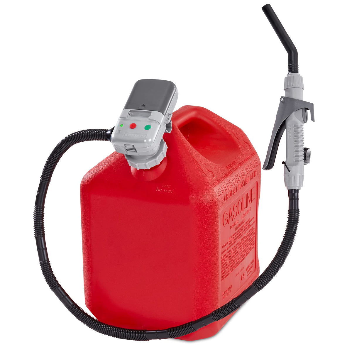 DEWAY front view attached to gas can showing portable transfer convenience