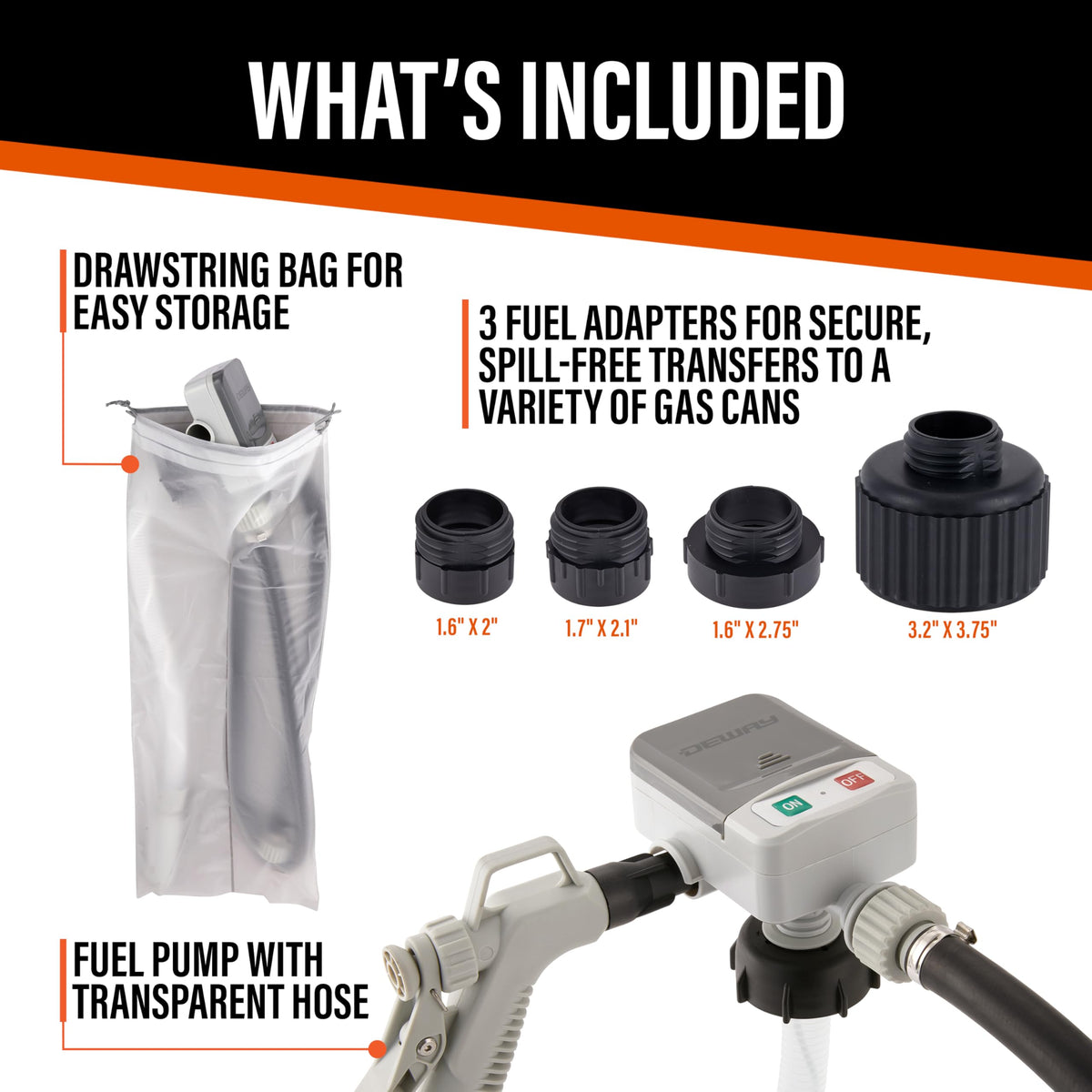 DeWay three adapters laid out for wide gas can compatibility