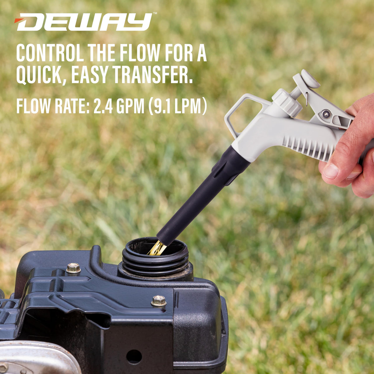 DeWay pump material detail showing durable hose and rugged finish