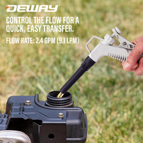 DeWay pump material detail showing durable hose and rugged finish