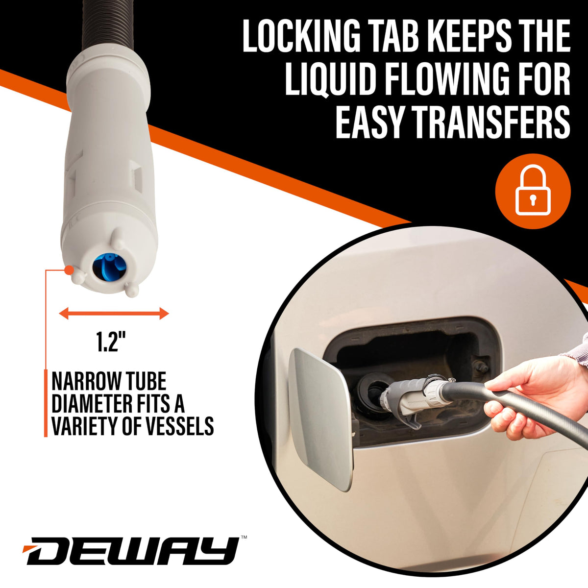 DEWAY pump with 59-inch hose and three adapters displayed for universal fit