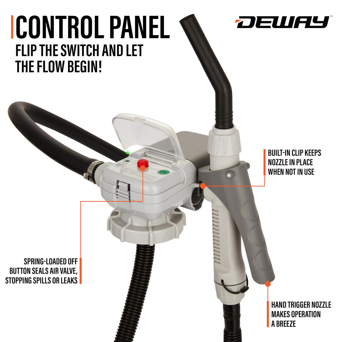 DEWAY pump hose filling a generator demonstrating spill-free fueling