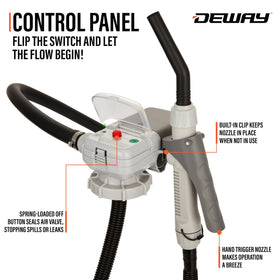 DEWAY pump hose filling a generator demonstrating spill-free fueling