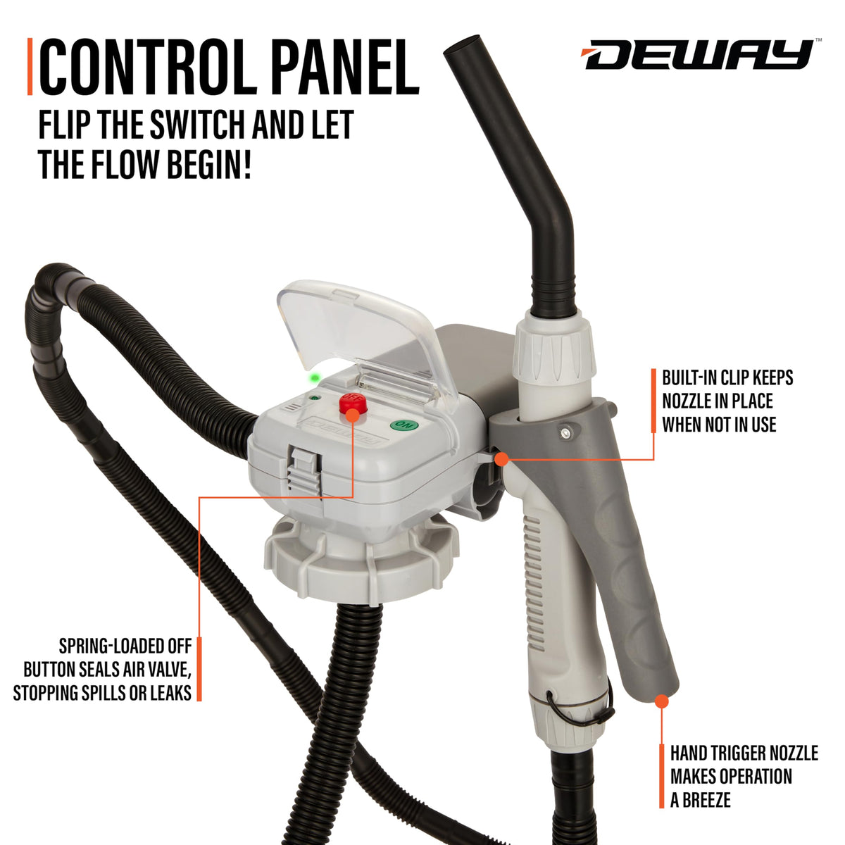 DEWAY pump in use pouring fuel into a lawnmower tank for clean transfer