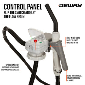 DEWAY pump in use pouring fuel into a lawnmower tank for clean transfer