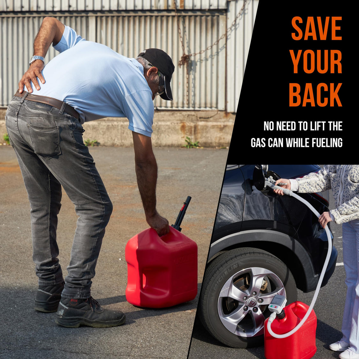 DEWAY refueling a generator outdoors demonstrating safe convenient fuel transfer