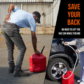 DEWAY refueling a generator outdoors demonstrating safe convenient fuel transfer