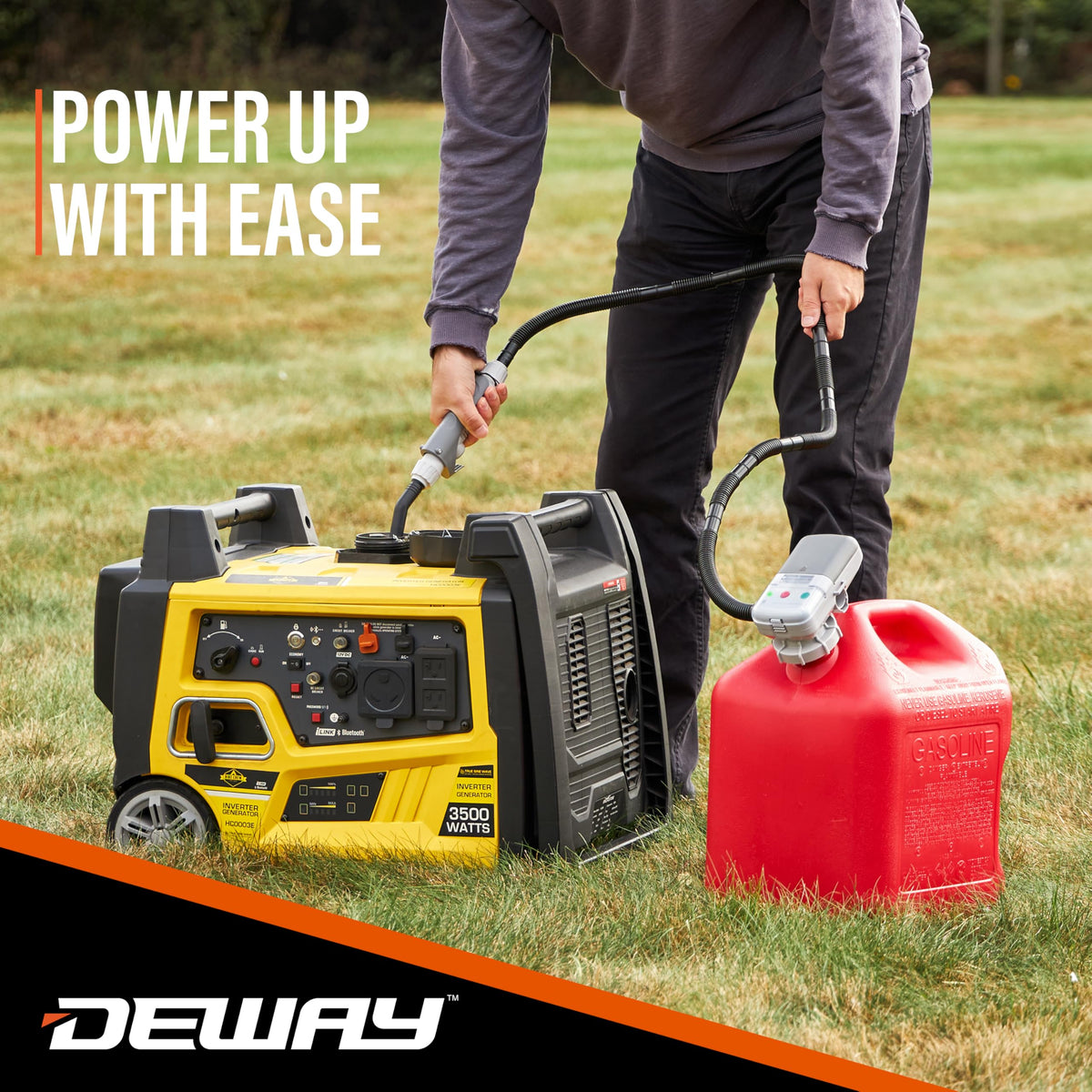 DEWAY next to a fuel can illustrating compact size and scale advantage