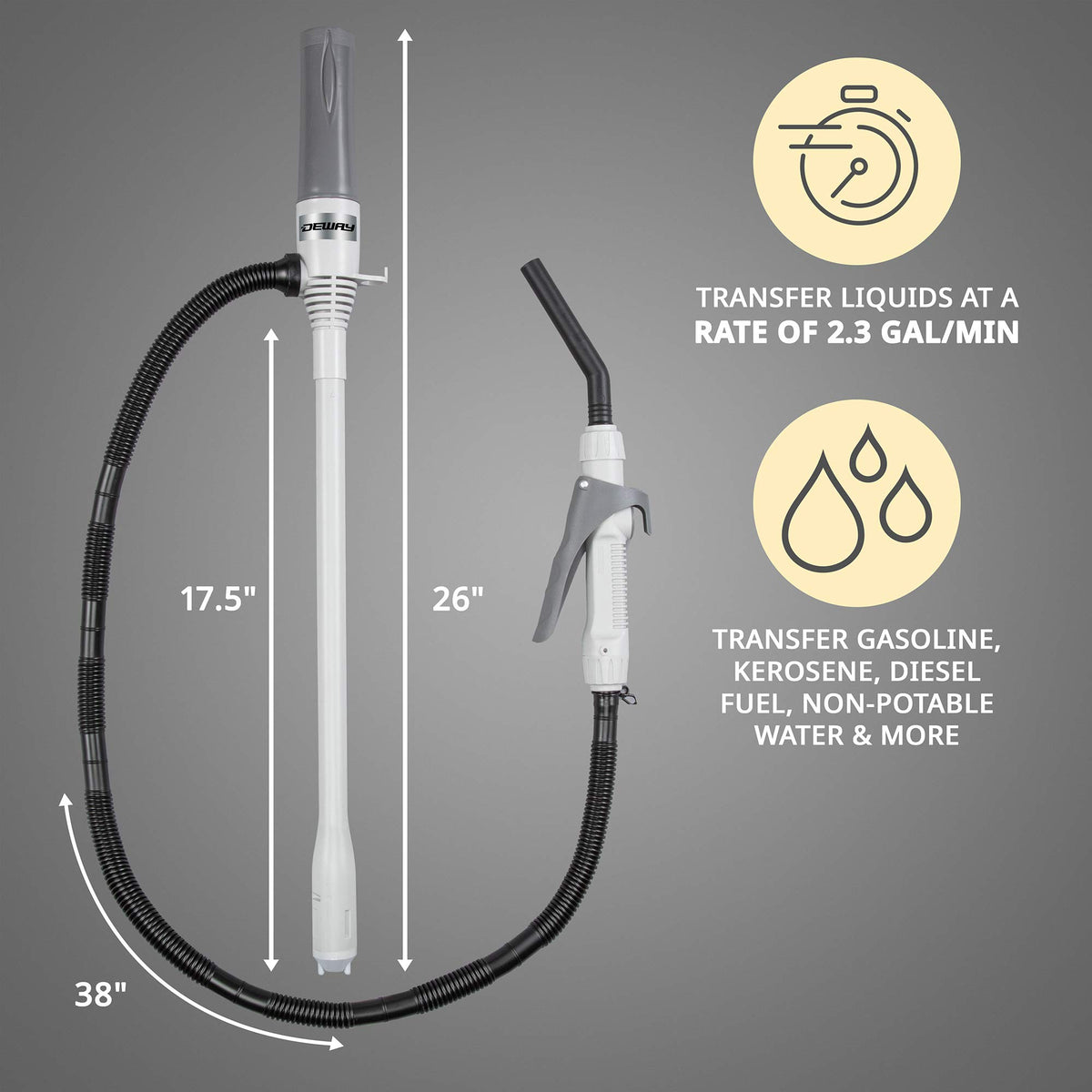 DEWAY WAYPUMP08 long suction tube detail reaching deep containers to reduce lifting