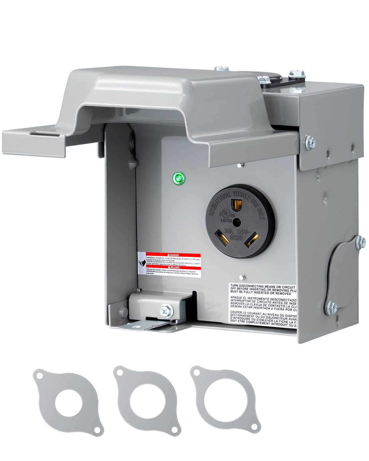 DEWENWILS front view of outlet box showing weatherproof cover and benefits