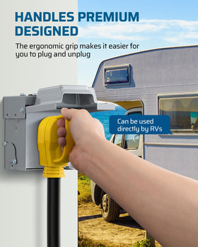 DEWENWILS cable connected to RV shore power illustrating reliable campsite use
