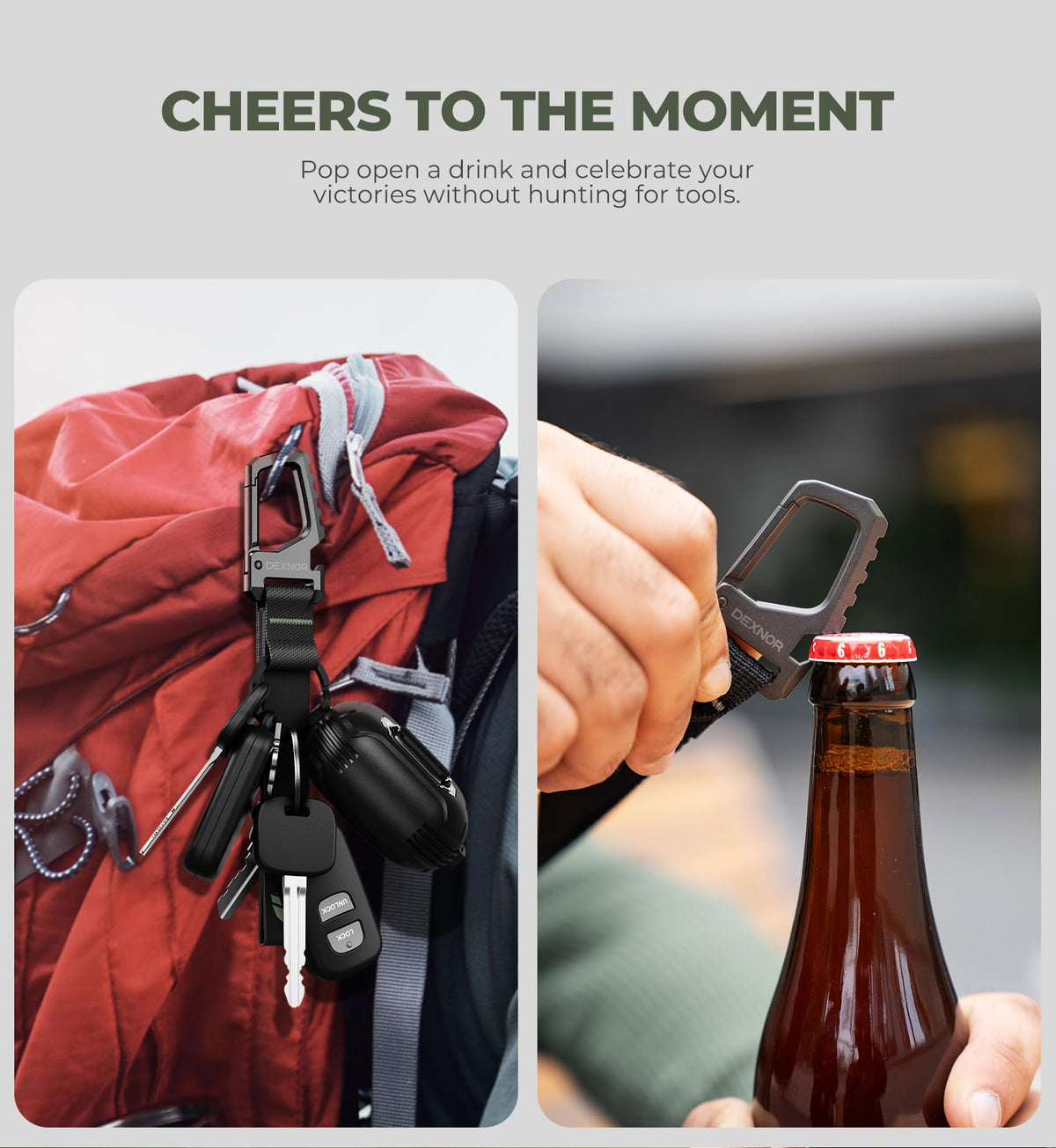 Dexnor clipped to backpack strap for quick access while hiking