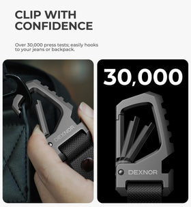 Dexnor clipped on backpack strap for fast access and secure carry