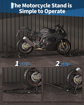DEXSO lifting a motorcycle front wheel highlighting smooth rollers and safe access
