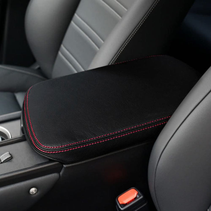 DEYTOP front view of center console cover showing fit and red stitches for refined look