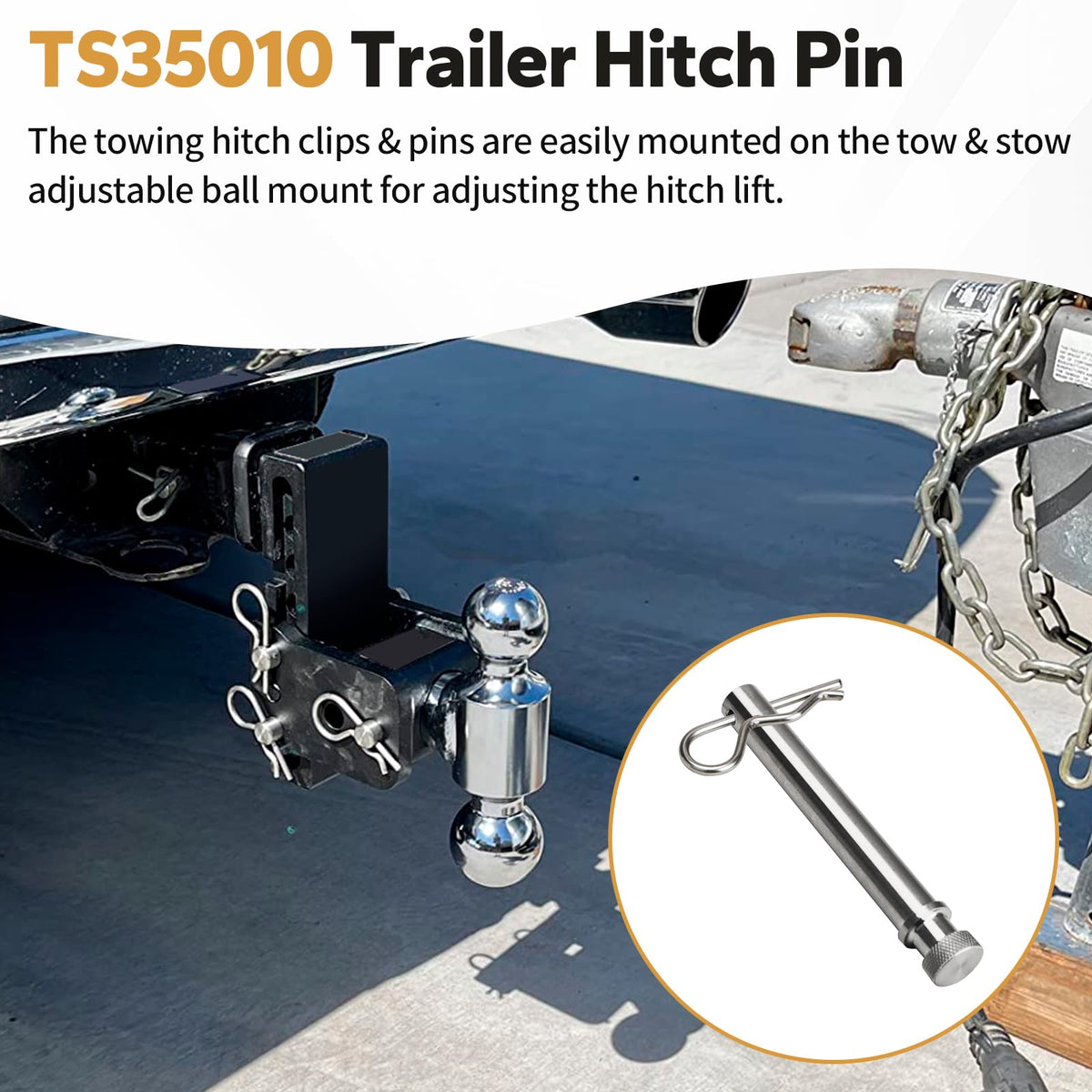 Dfnidy clip detail showing stainless retention clip for secure hitch locking