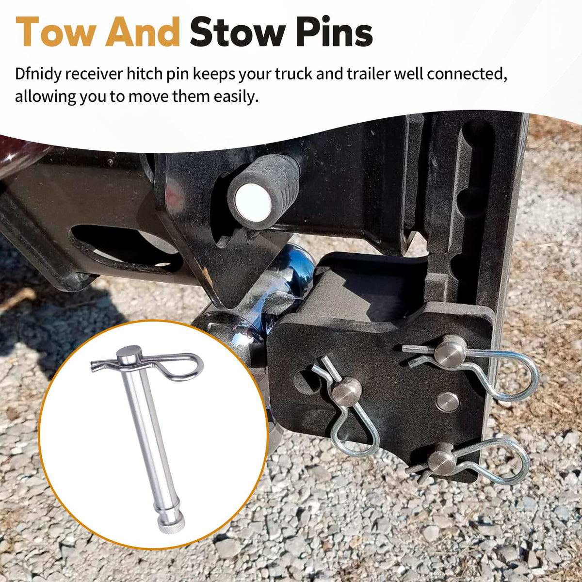 Dfnidy pin in use on a tow vehicle illustrating dependable towing connection