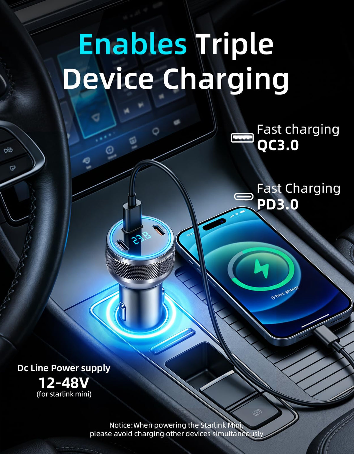 DFPEB adapter installed in car cigarette lighter powering Starlink benefit